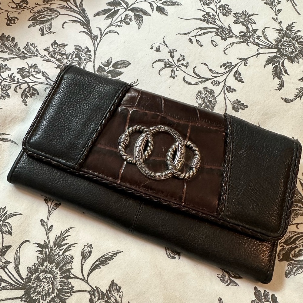 Brighton Black Leather Croc Embossed Wallet Clutch Organizer Silver Hardware